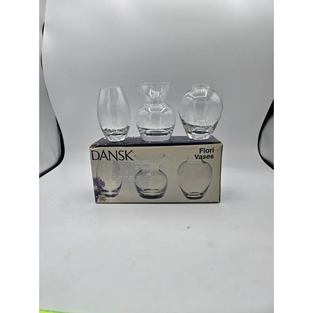 Dansk Fiori Clear Crystal Miniature Bud Vases - Set of‎ 3 with Original Box